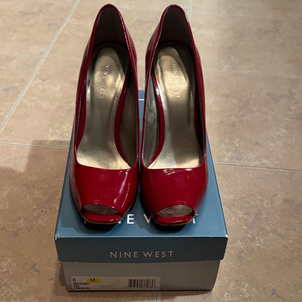 Nine West Glossy Red Peep Toe Heels